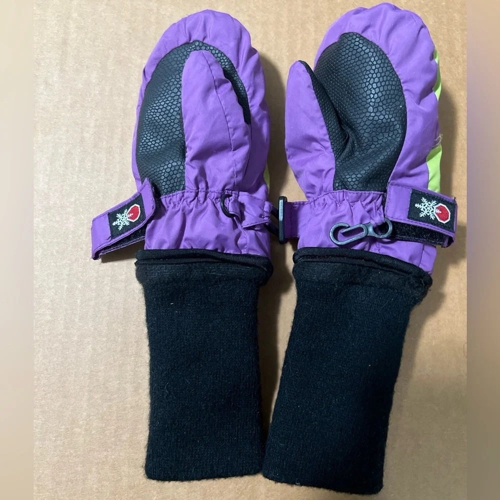 SnowStoppers Original Extended Cuff Kids Winter Snow Mittens. Purple w Green. S